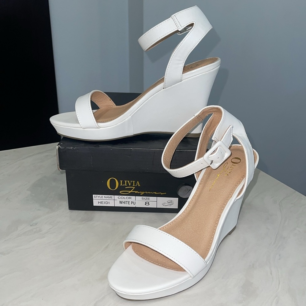 Olivia Heidi White Ankle-Strap Platform Wedges
